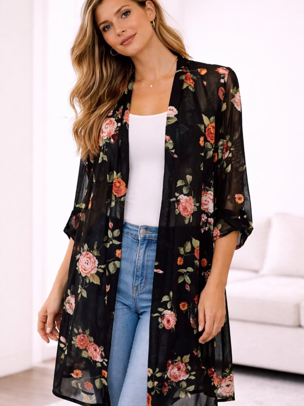 Ember Women's Sheer Black Floral Kimono/Cardigan - Size Medium